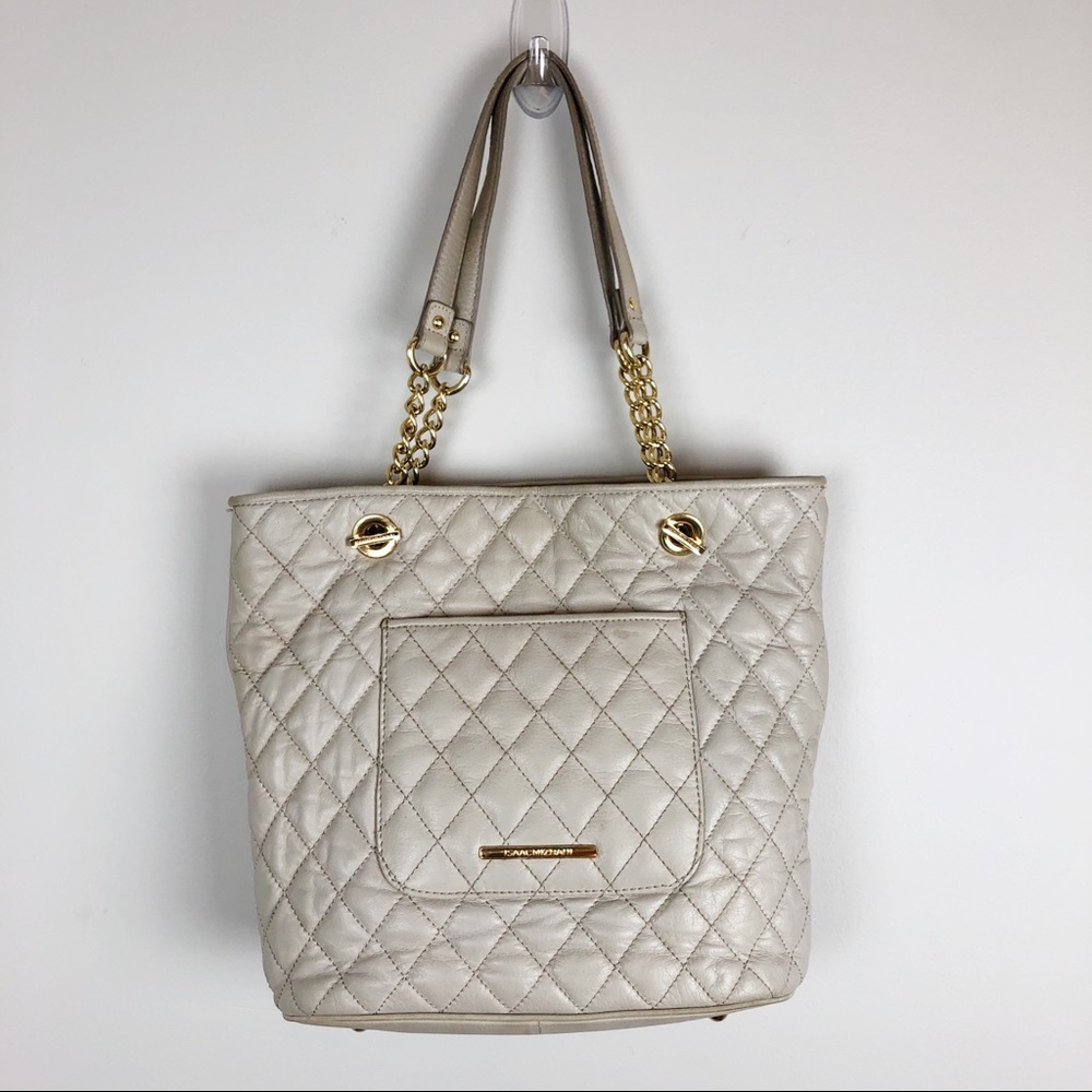 Isaac Mizrahi Quilted Greige Leather Tote Bag